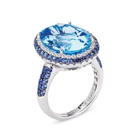 18K WHITE GOLD RING WITH DIAMONDS AND BLUE TOPAZ