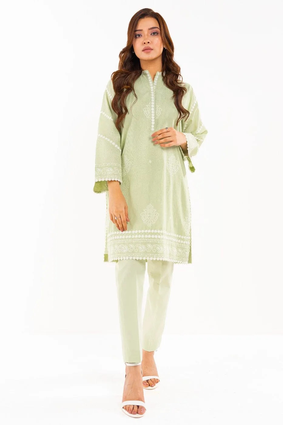 2 Pc Embroidered Dobby Zari Line Suit With Cambric Trouser