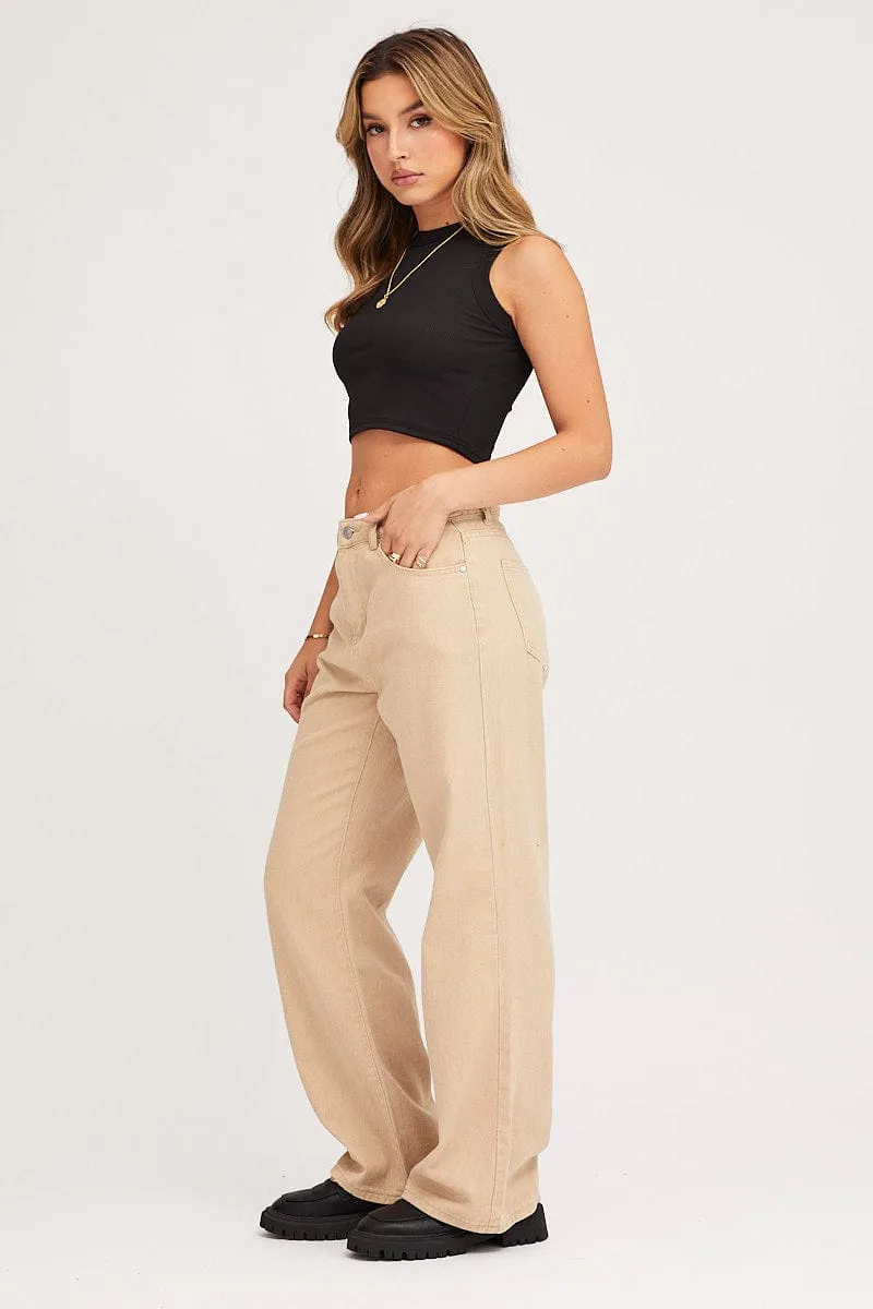 Beige Wide Leg Denim Jeans High Rise