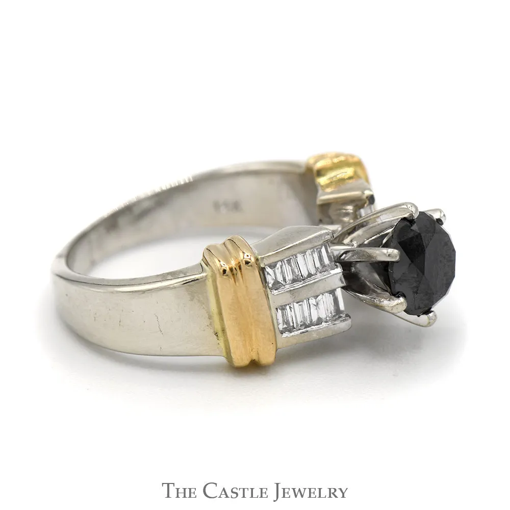 Black Diamond Ring with Baguette Diamond Accents in 14k White Gold Setting with Yellow Gold Bar Accents