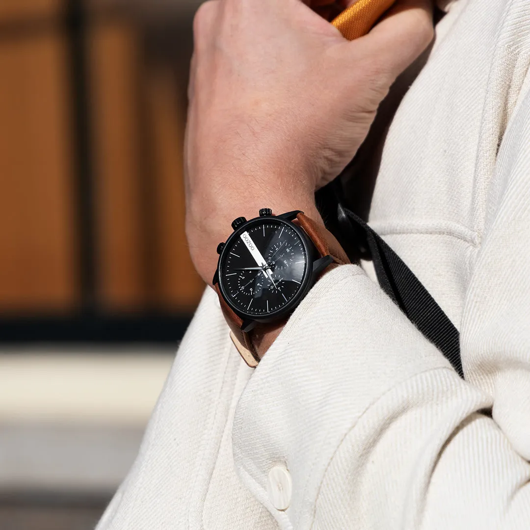 Black OOZOO watch with brown leather strap - C11223