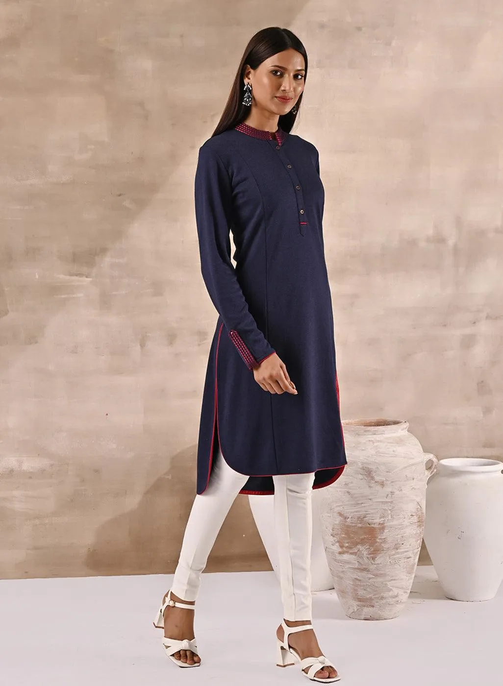 Blue Long Knitted Denim Kurti with Embroidery