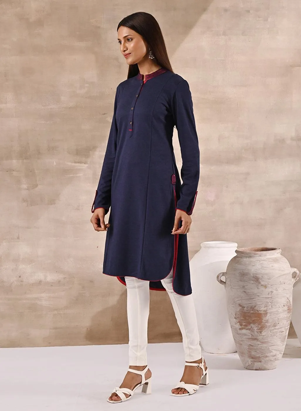 Blue Long Knitted Denim Kurti with Embroidery