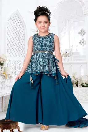 Blue Stone and Mirror work with Leheria Print Peplum Top for Girls Palazzo Suit Set