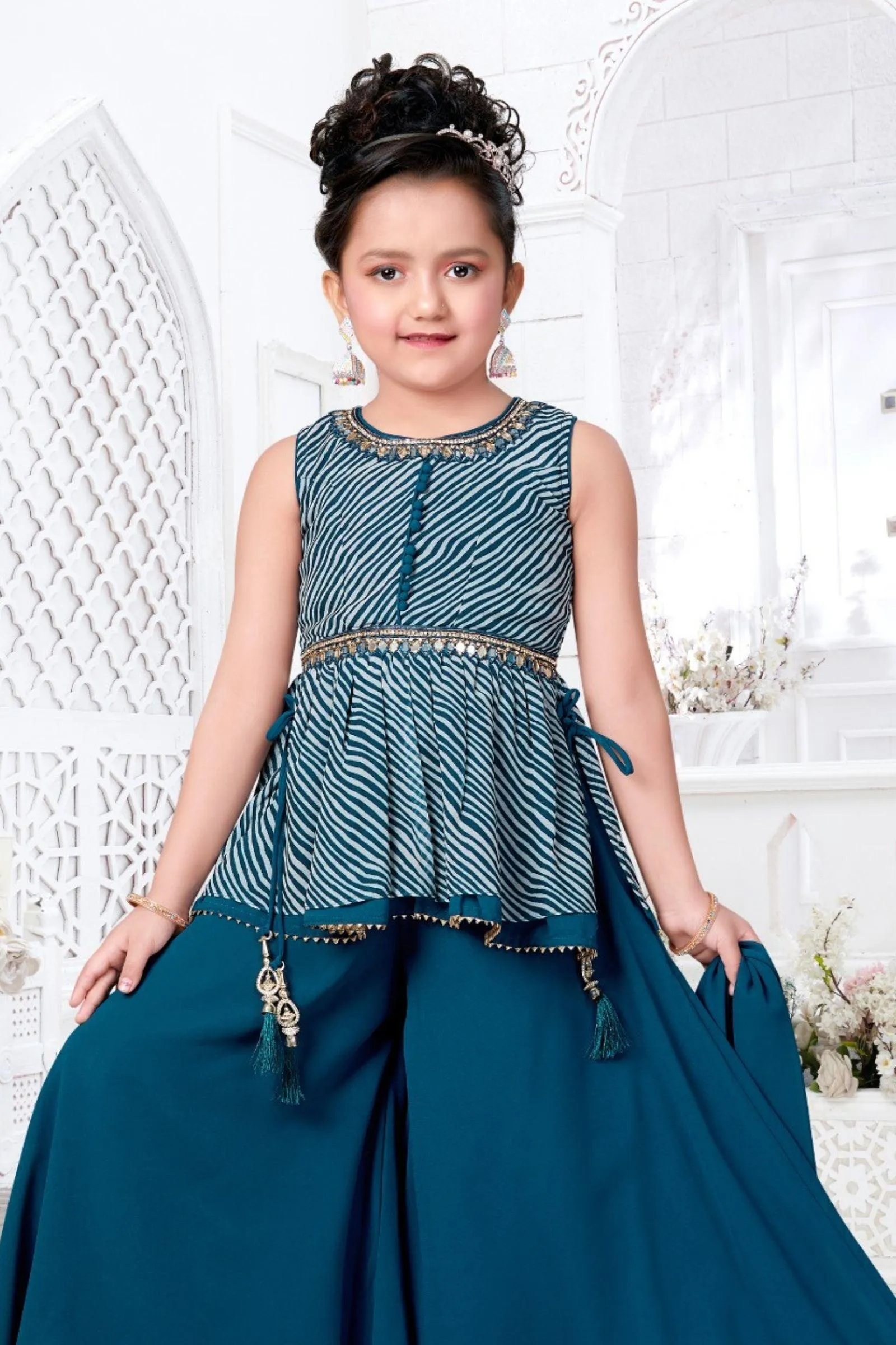 Blue Stone and Mirror work with Leheria Print Peplum Top for Girls Palazzo Suit Set