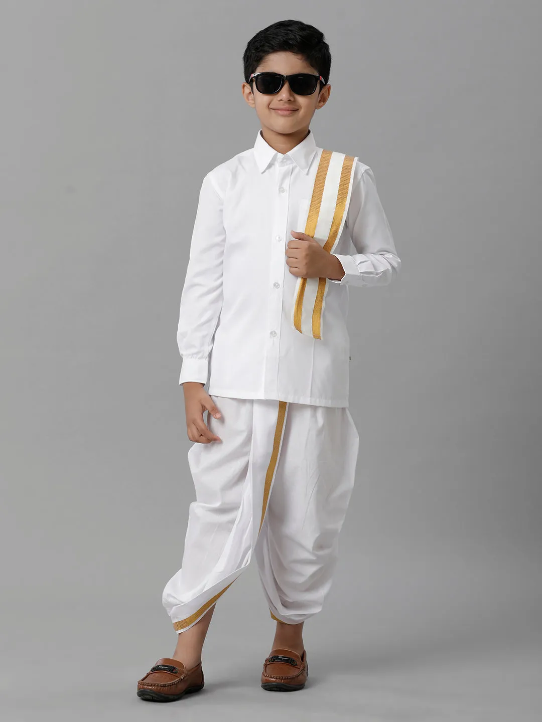 Boys Cotton White Full Sleeves Shirt Panchakacham Towel Combo