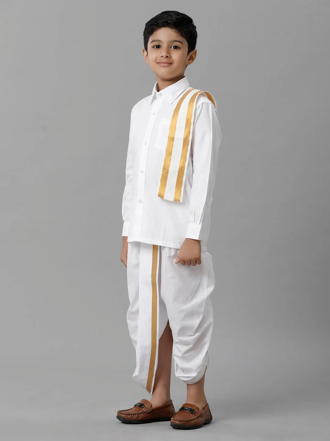 Boys Cotton White Full Sleeves Shirt Panchakacham Towel Combo