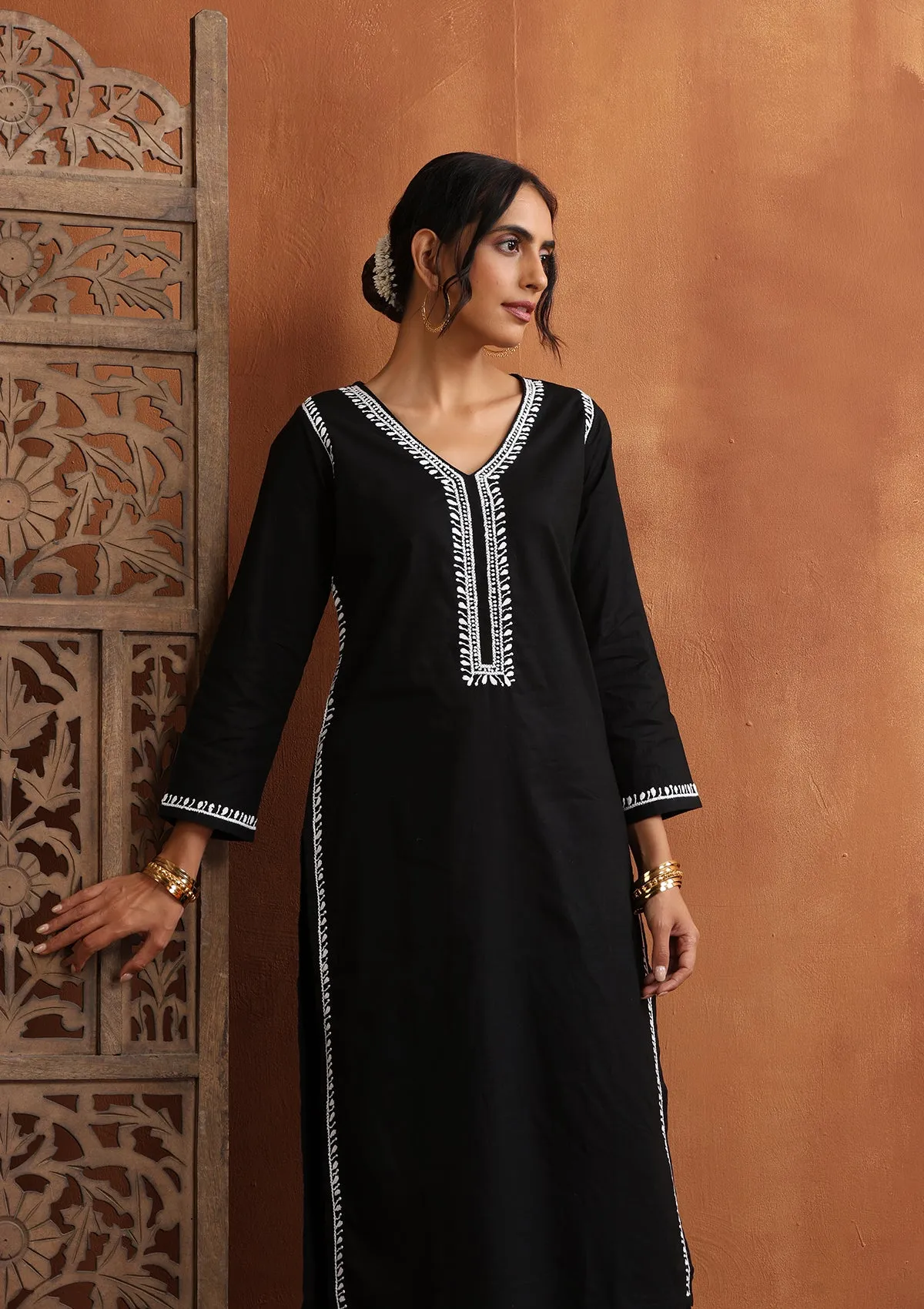 Cotton Chikankari Solid Women's 2 PC Long Kurta Set - Black