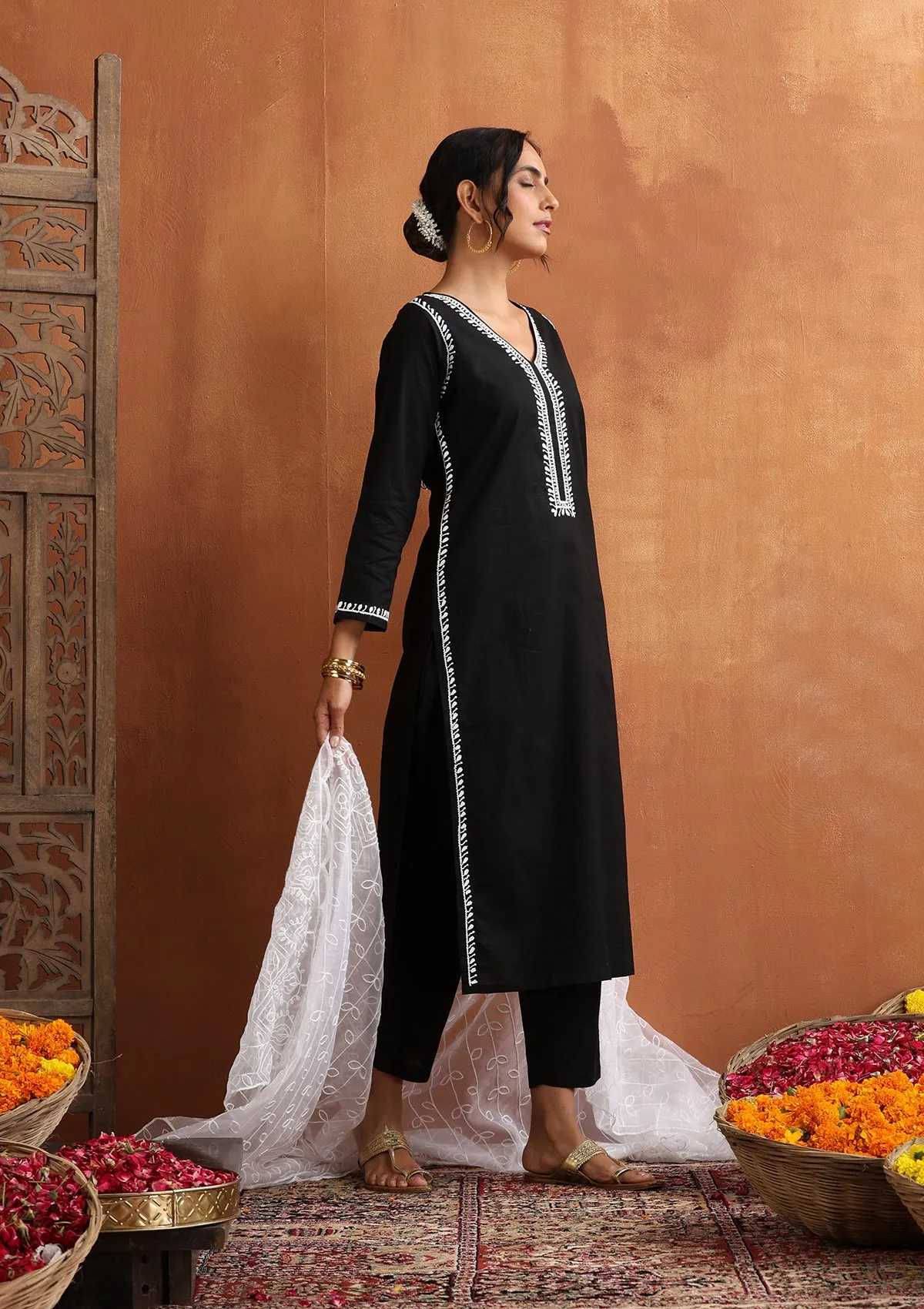 Cotton Chikankari Solid Women's 2 PC Long Kurta Set - Black