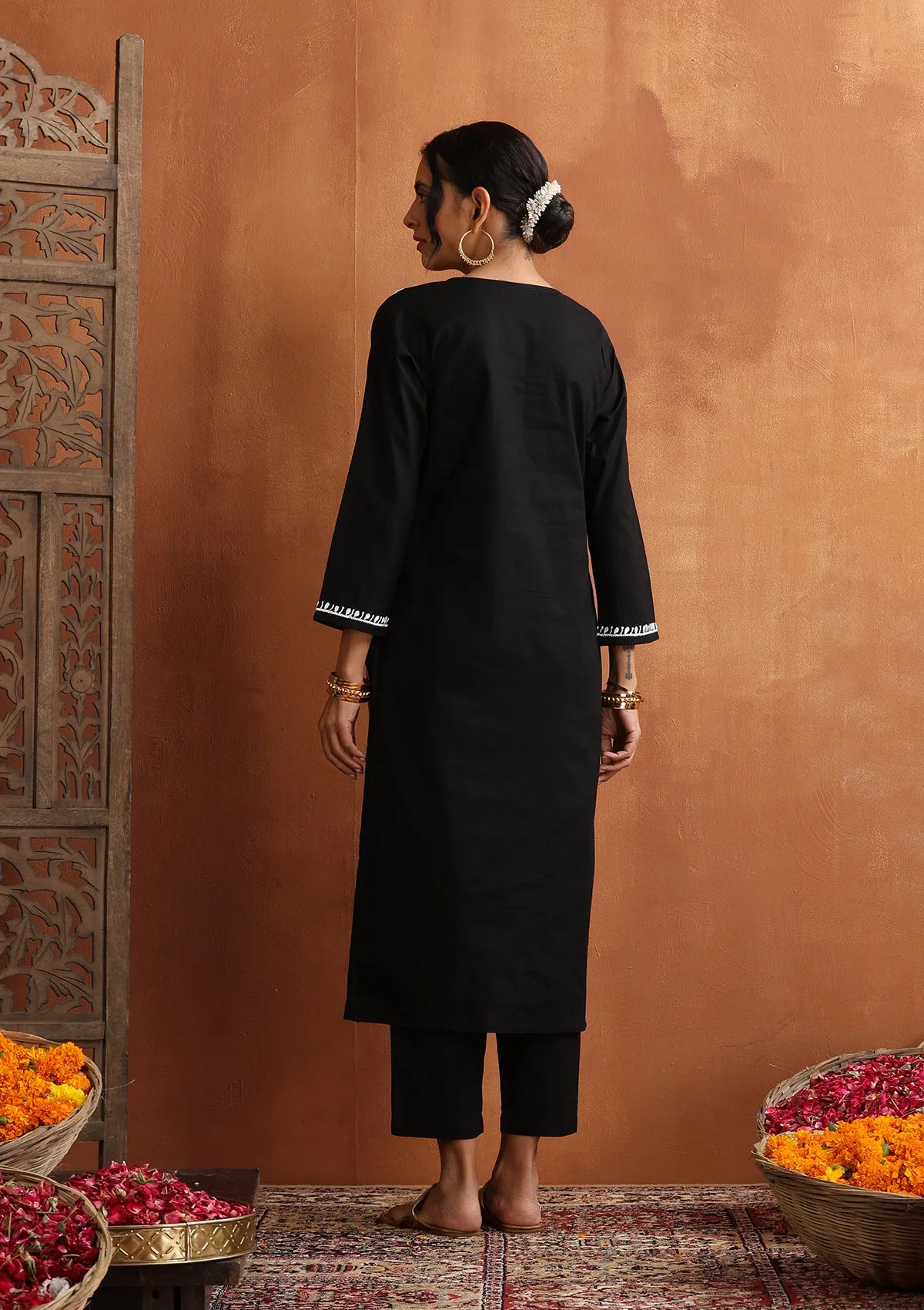 Cotton Chikankari Solid Women's 2 PC Long Kurta Set - Black