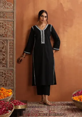 Cotton Chikankari Solid Women's 2 PC Long Kurta Set - Black