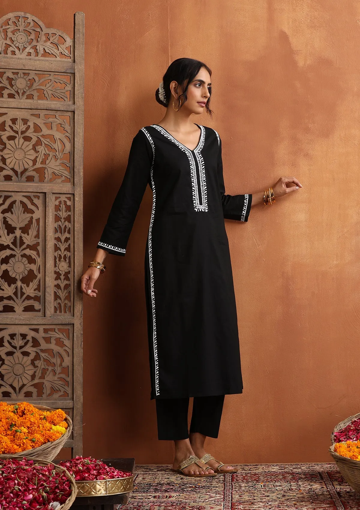 Cotton Chikankari Solid Women's 2 PC Long Kurta Set - Black