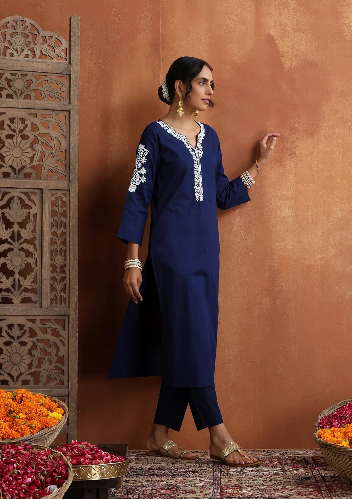 Cotton Chikankari Solid Women's 2 PC Long Kurta Set - Navy Blue