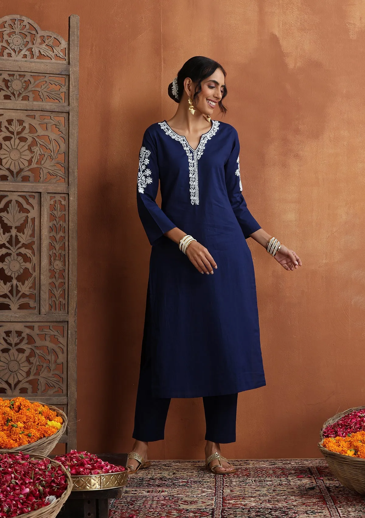 Cotton Chikankari Solid Women's 2 PC Long Kurta Set - Navy Blue