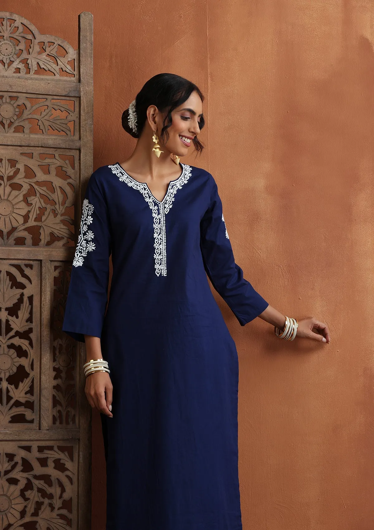 Cotton Chikankari Solid Women's 2 PC Long Kurta Set - Navy Blue