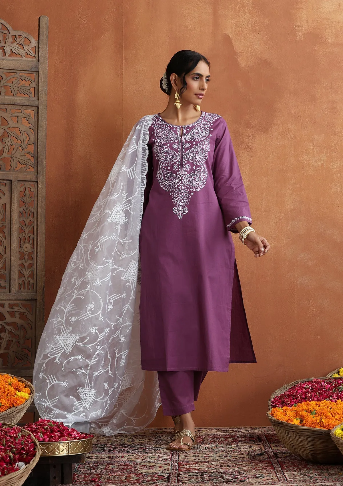 Cotton Chikankari Solid Women's 2 PC Long Kurta Set - Purple