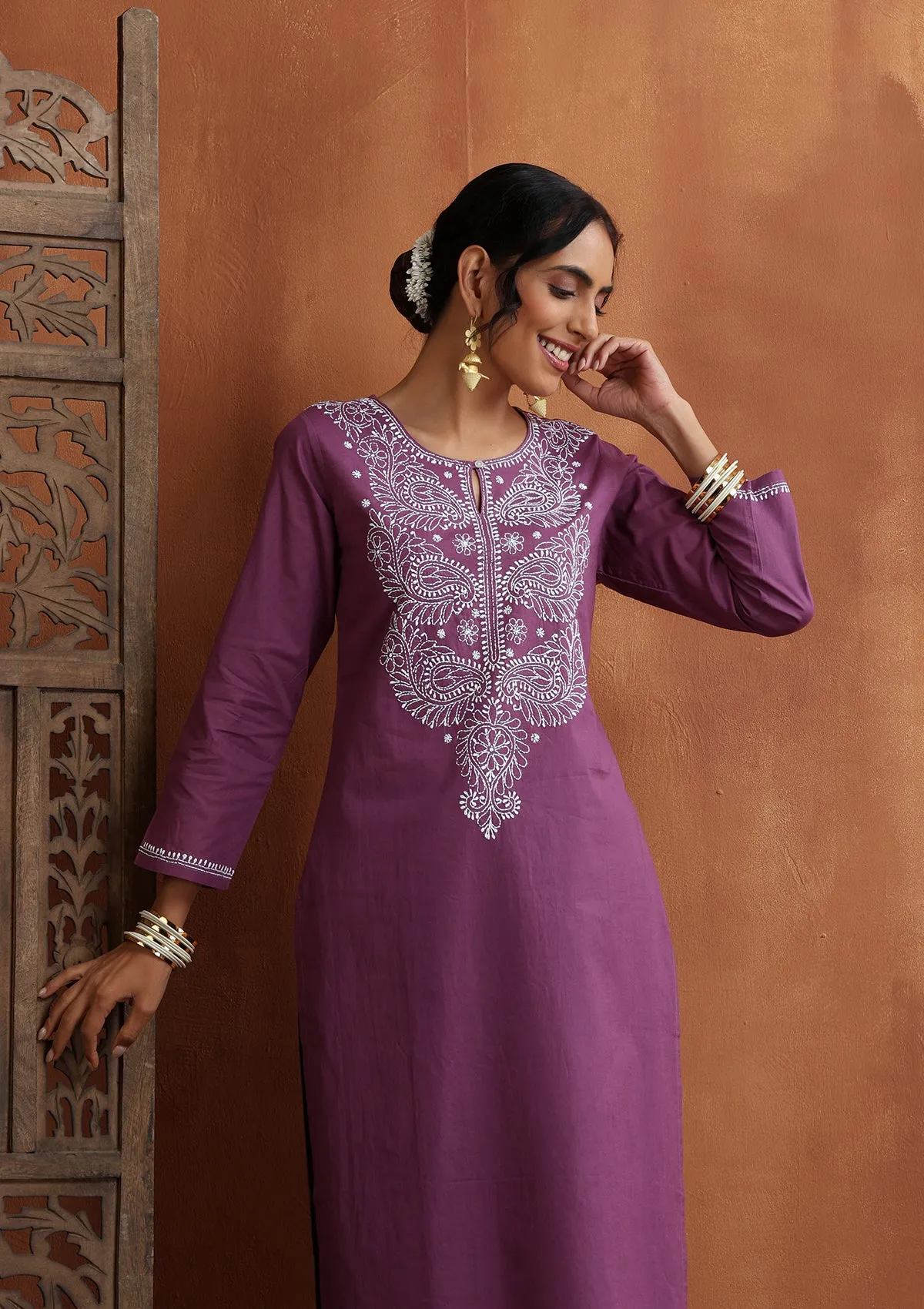 Cotton Chikankari Solid Women's 2 PC Long Kurta Set - Purple