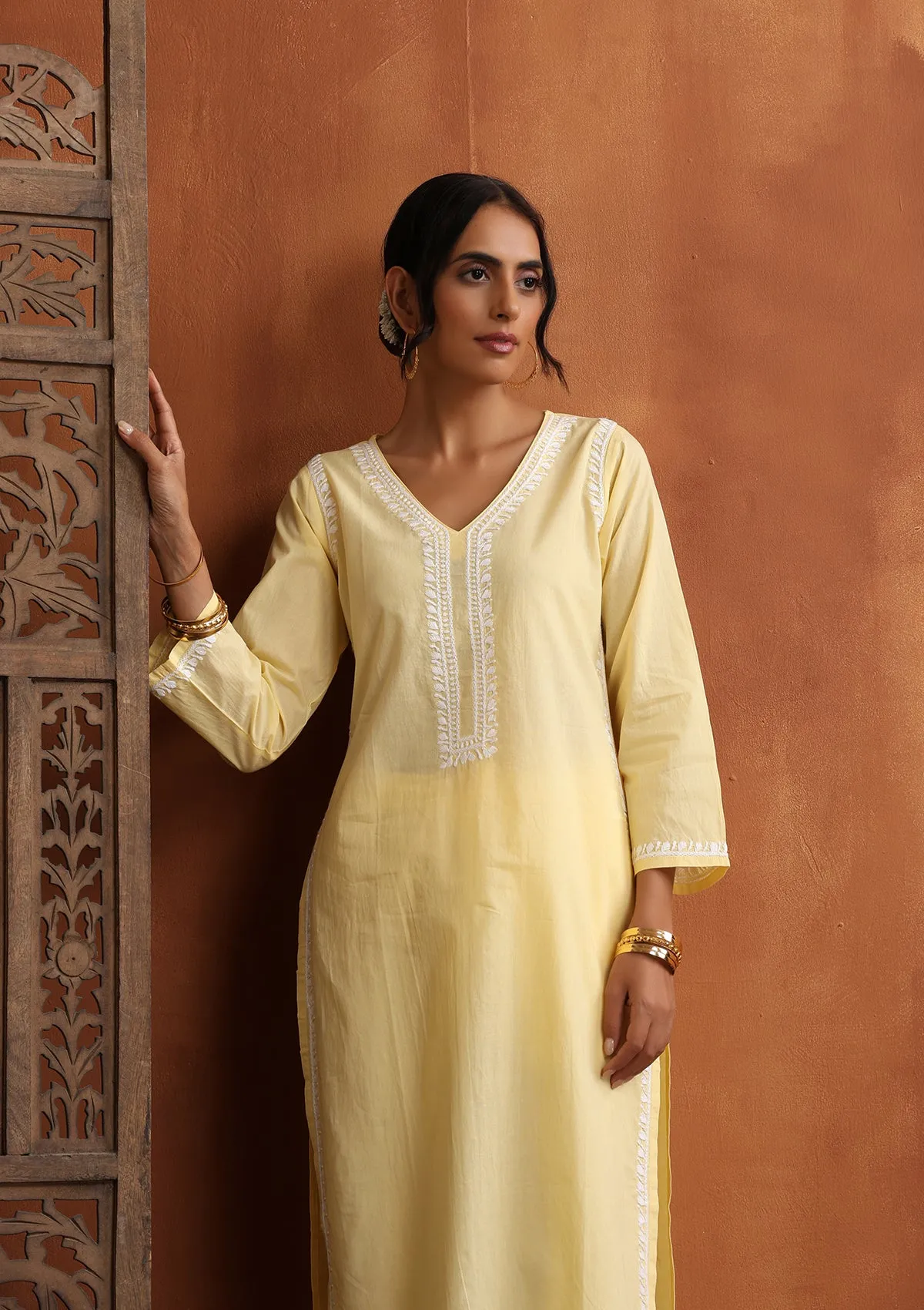 Cotton Chikankari Solid Women's 2 PC Long Kurta Set - Yellow