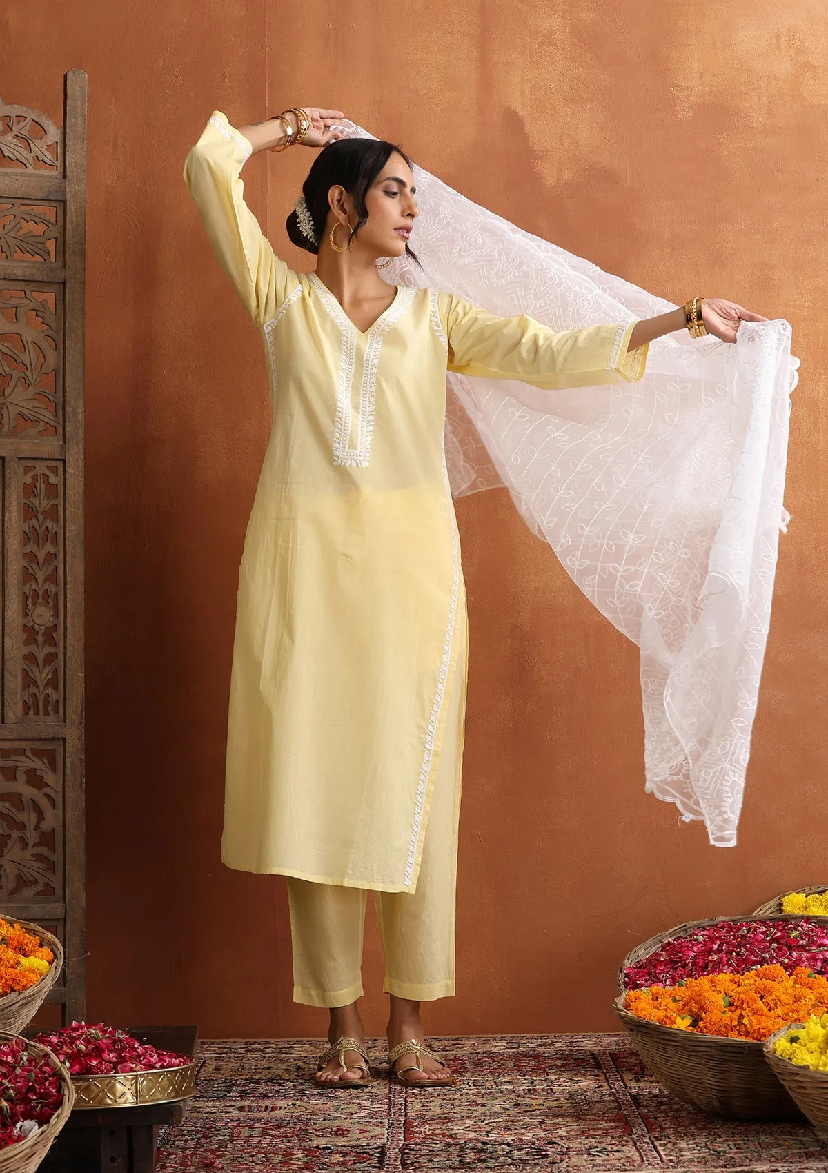 Cotton Chikankari Solid Women's 2 PC Long Kurta Set - Yellow