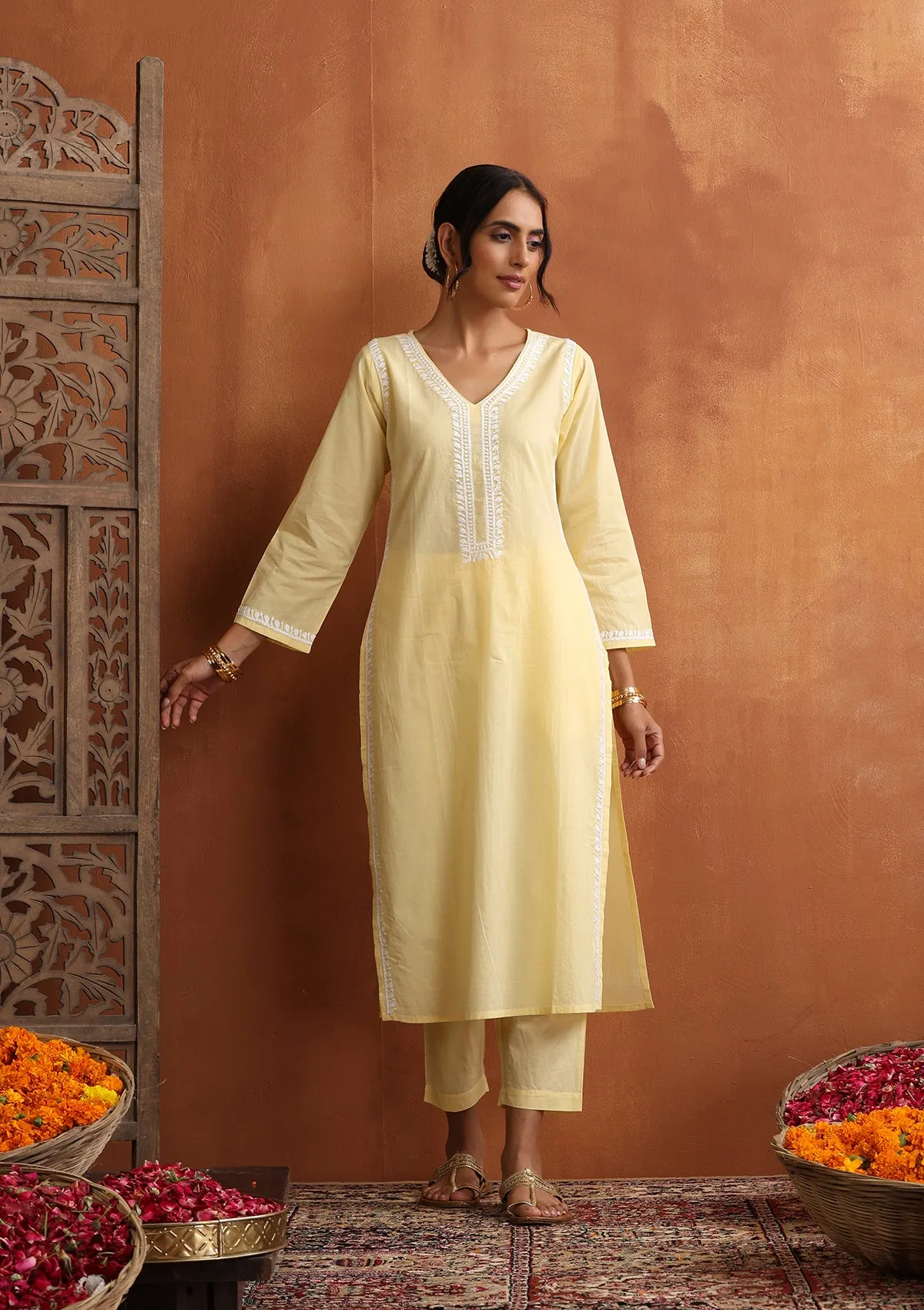 Cotton Chikankari Solid Women's 2 PC Long Kurta Set - Yellow