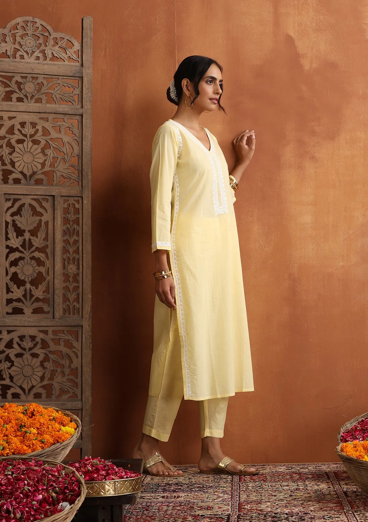 Cotton Chikankari Solid Women's 2 PC Long Kurta Set - Yellow