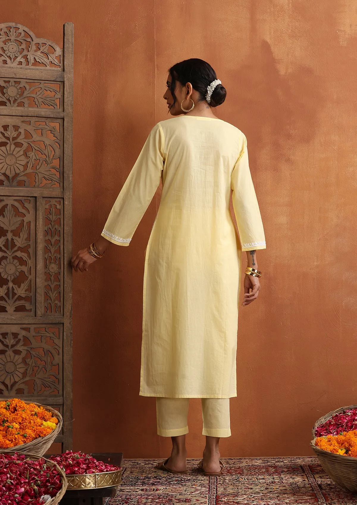 Cotton Chikankari Solid Women's 2 PC Long Kurta Set - Yellow