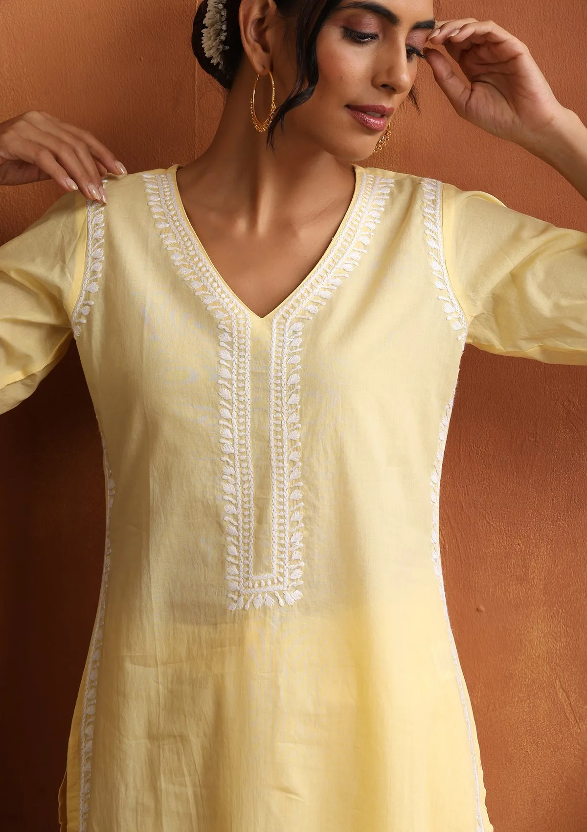 Cotton Chikankari Solid Women's 2 PC Long Kurta Set - Yellow