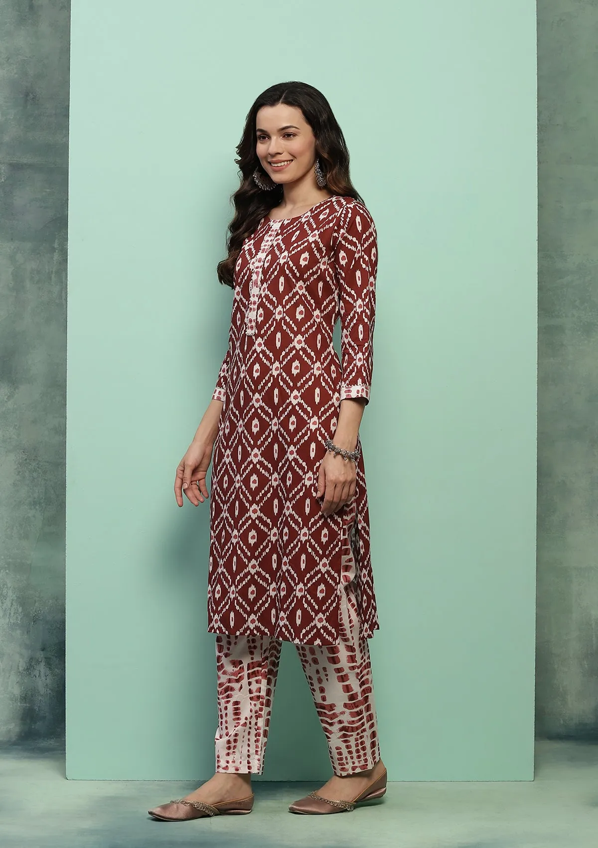 Cotton Printed Women's 2 PC Long Kurta Set - Maroon