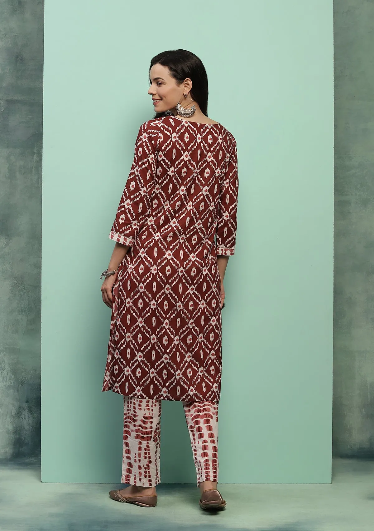 Cotton Printed Women's 2 PC Long Kurta Set - Maroon