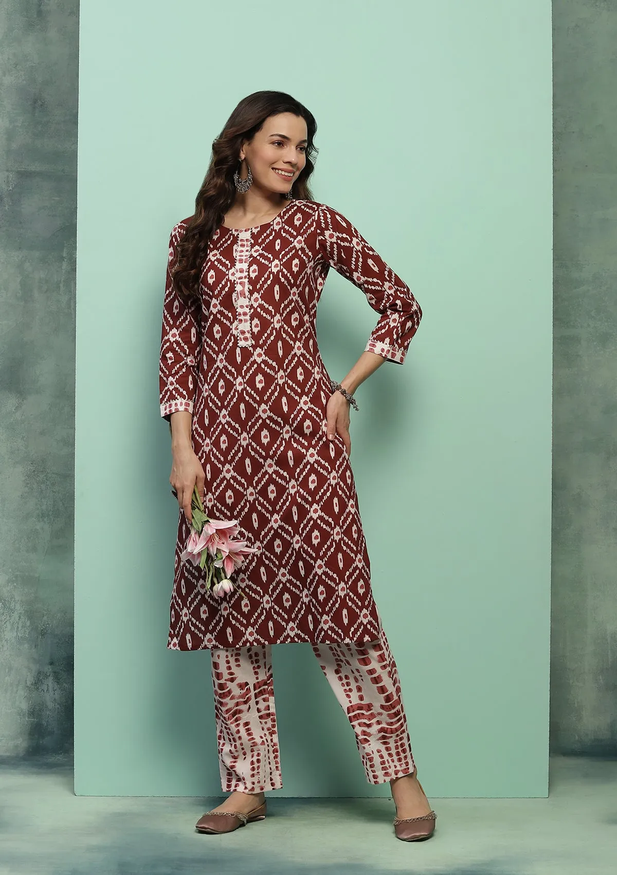 Cotton Printed Women's 2 PC Long Kurta Set - Maroon