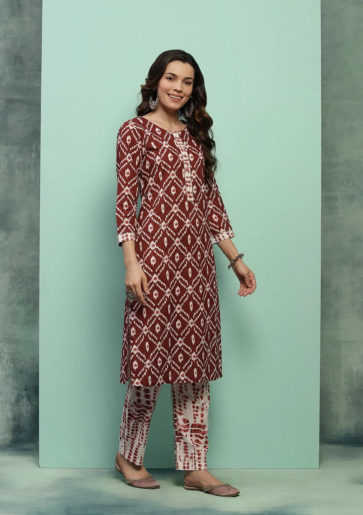 Cotton Printed Women's 2 PC Long Kurta Set - Maroon