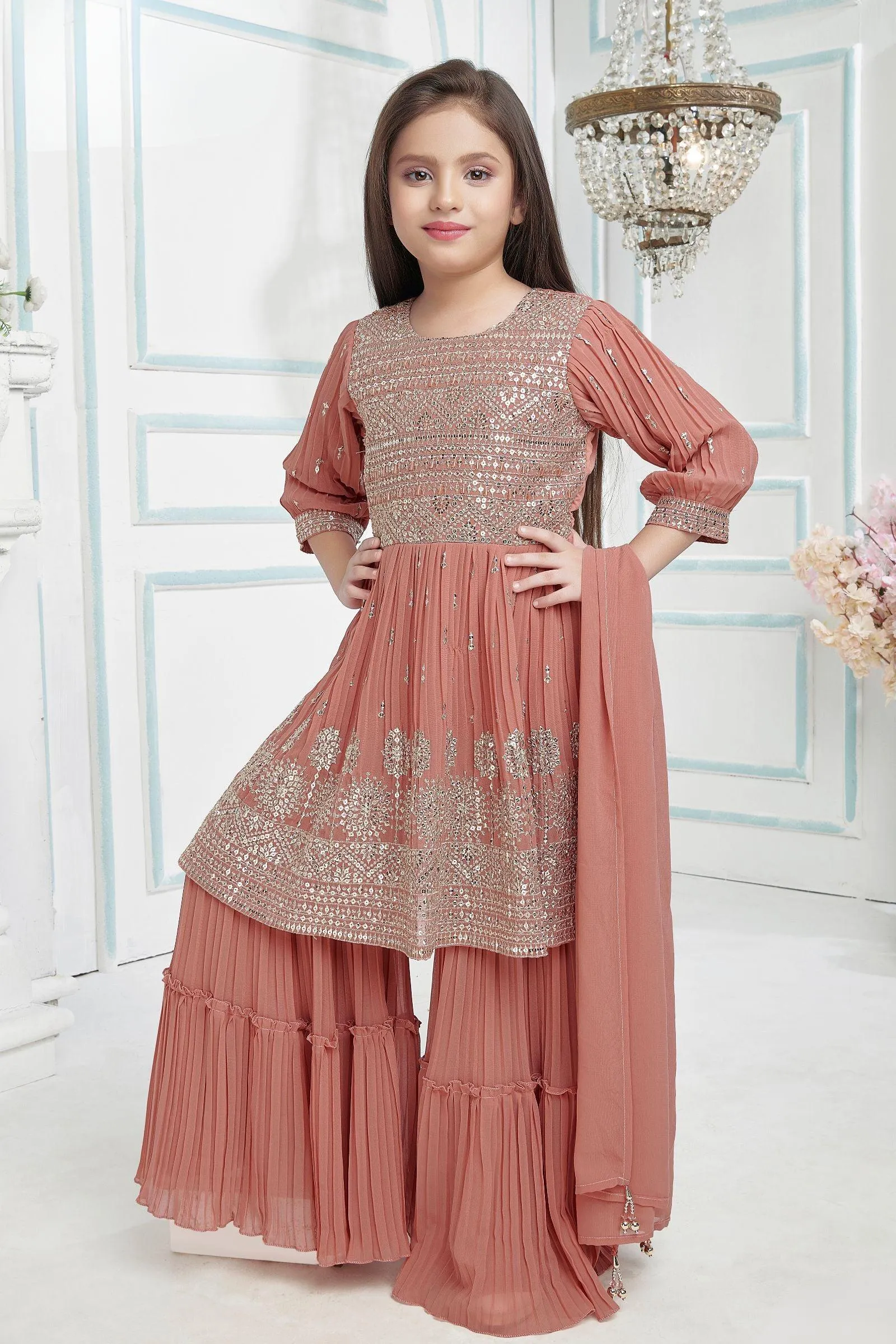 Dark Peach Sequins and Zari work for Girls Sharara Suit Set