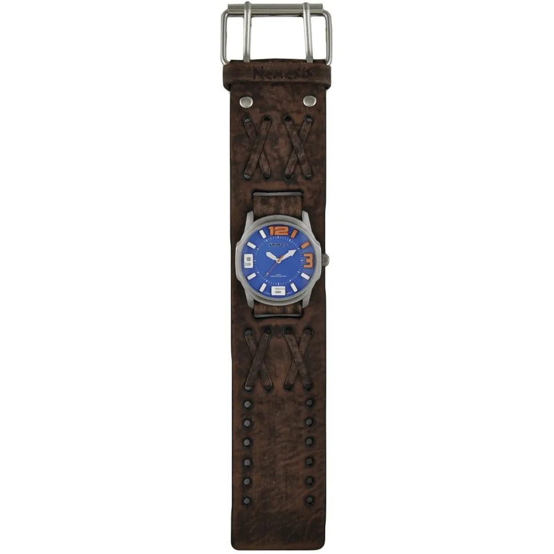 Embossed 3D Blue Watch with Double X Distressed Brown Leather Wide Cuff