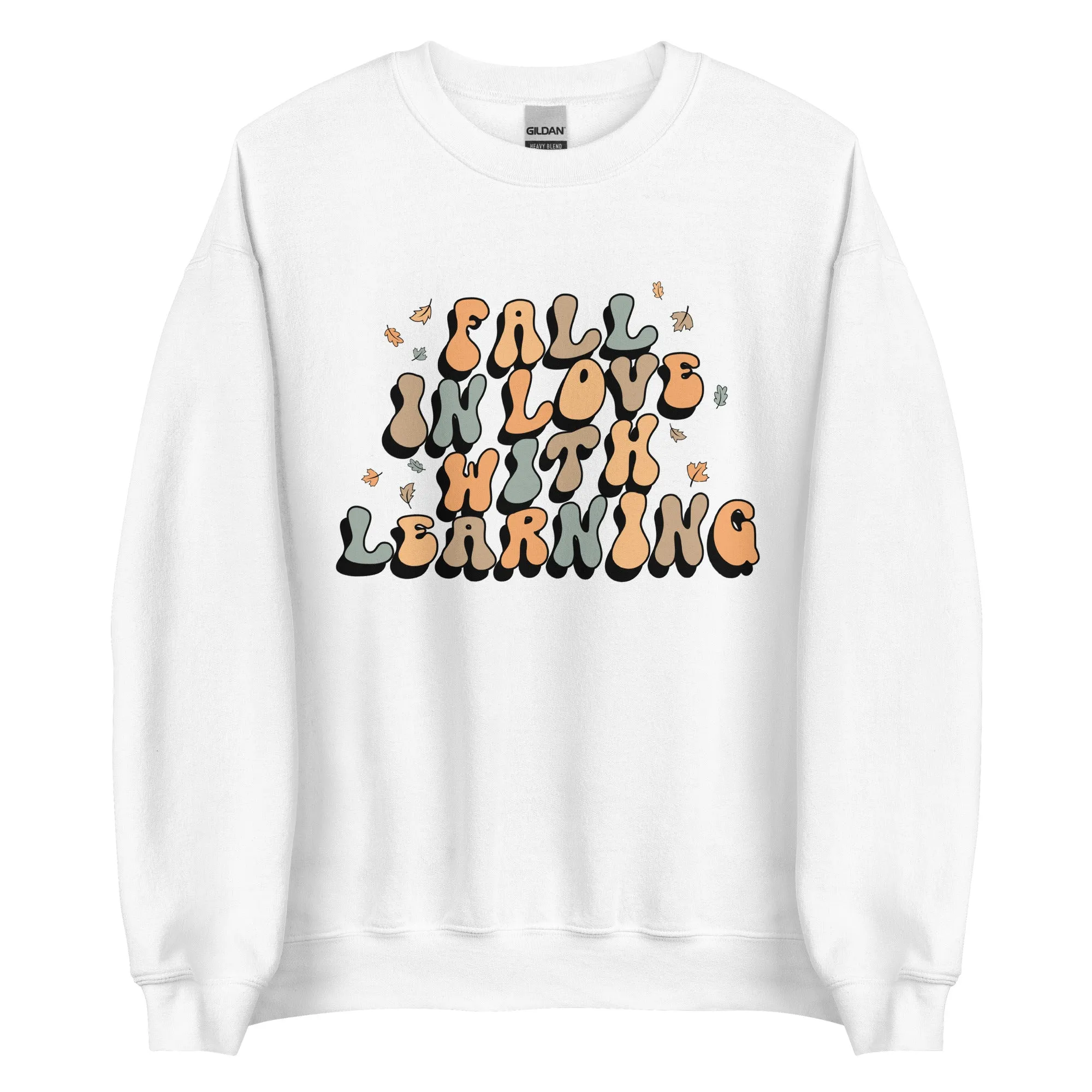 'Fall in Love with Learning' Teacher Crewneck Sweatshirt in green, pink, white and tan