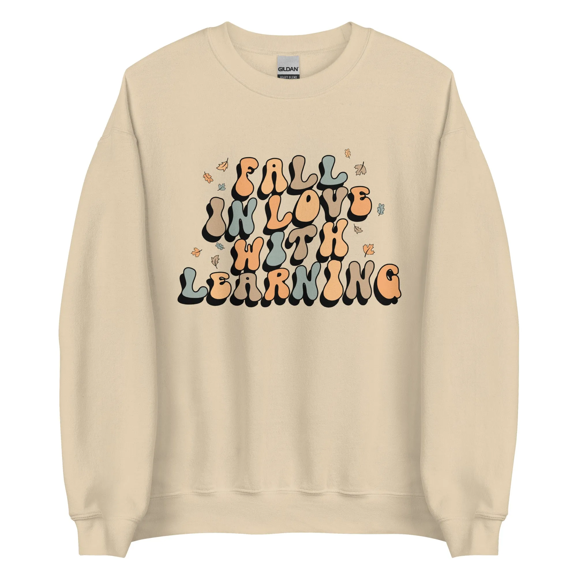 'Fall in Love with Learning' Teacher Crewneck Sweatshirt in green, pink, white and tan