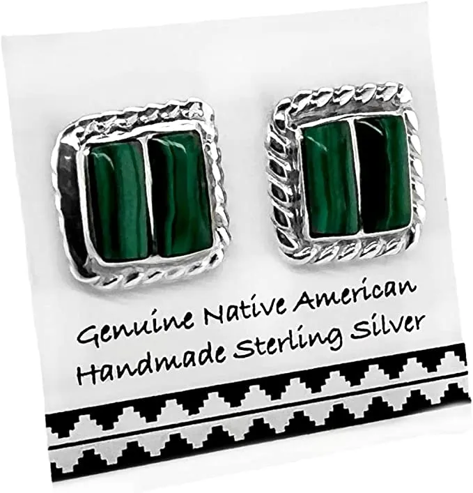 Genuine Malachite Earrings, Sterling Silver, Authentic Native American Handmade in New Mexico, USA, Post Style, Green