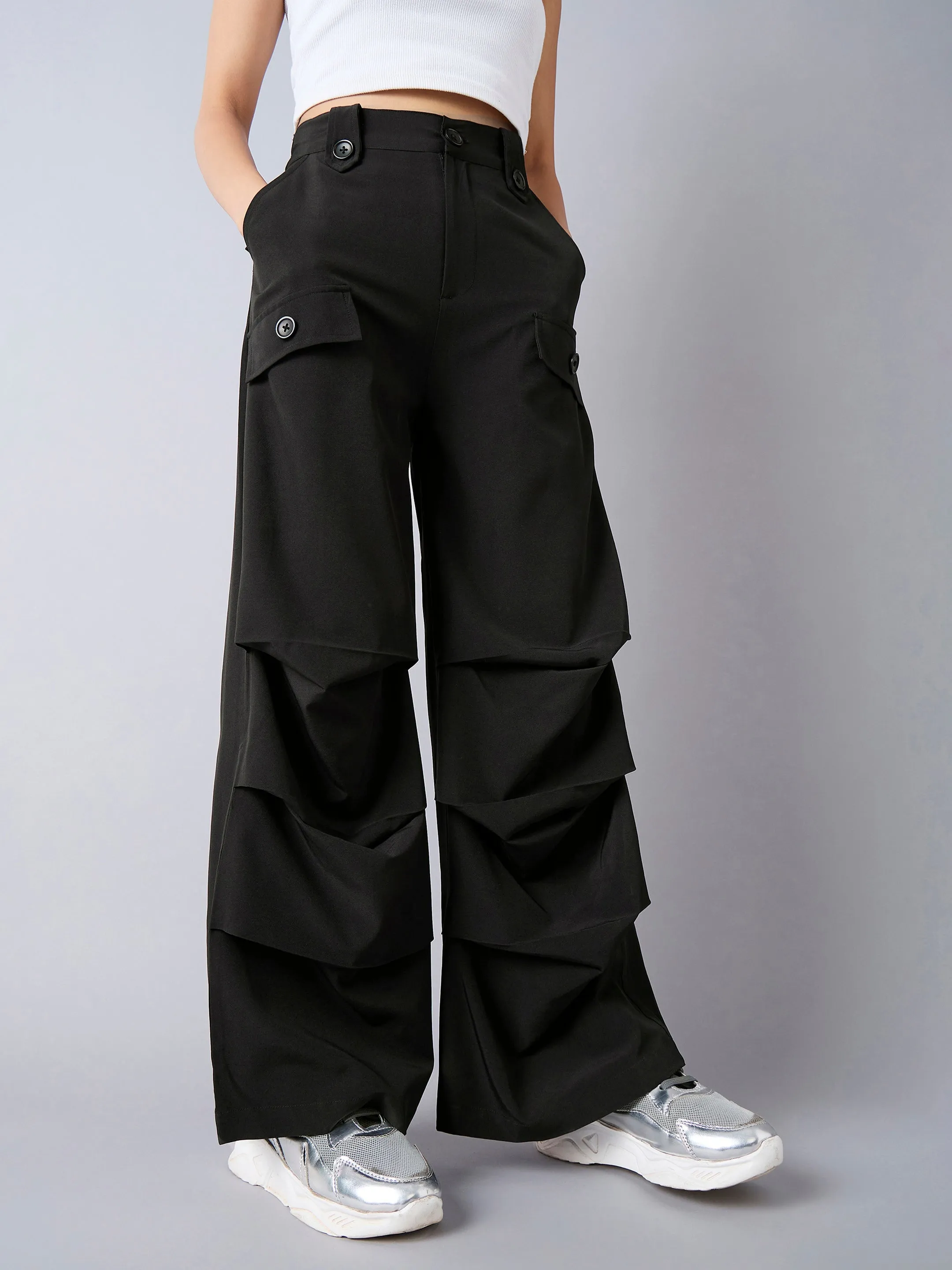 Girls Black Pintuck Parachute Cargos