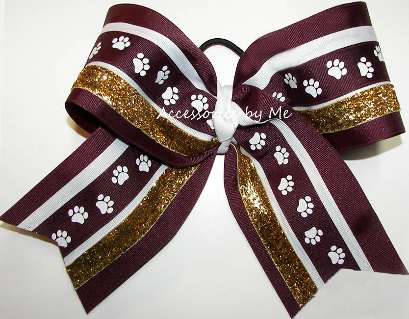 Glitter Paw Print Maroon Gold Cheer Bow