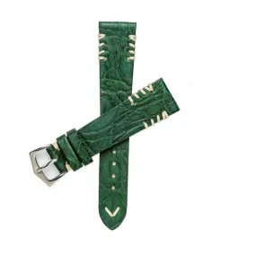 Green Rubberized Crocodile Watch Strap Ecru Tribal Stitches - 20mm