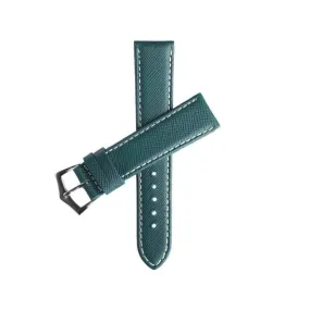 Green Saffiano Folded Edge White Stitches Watch Strap