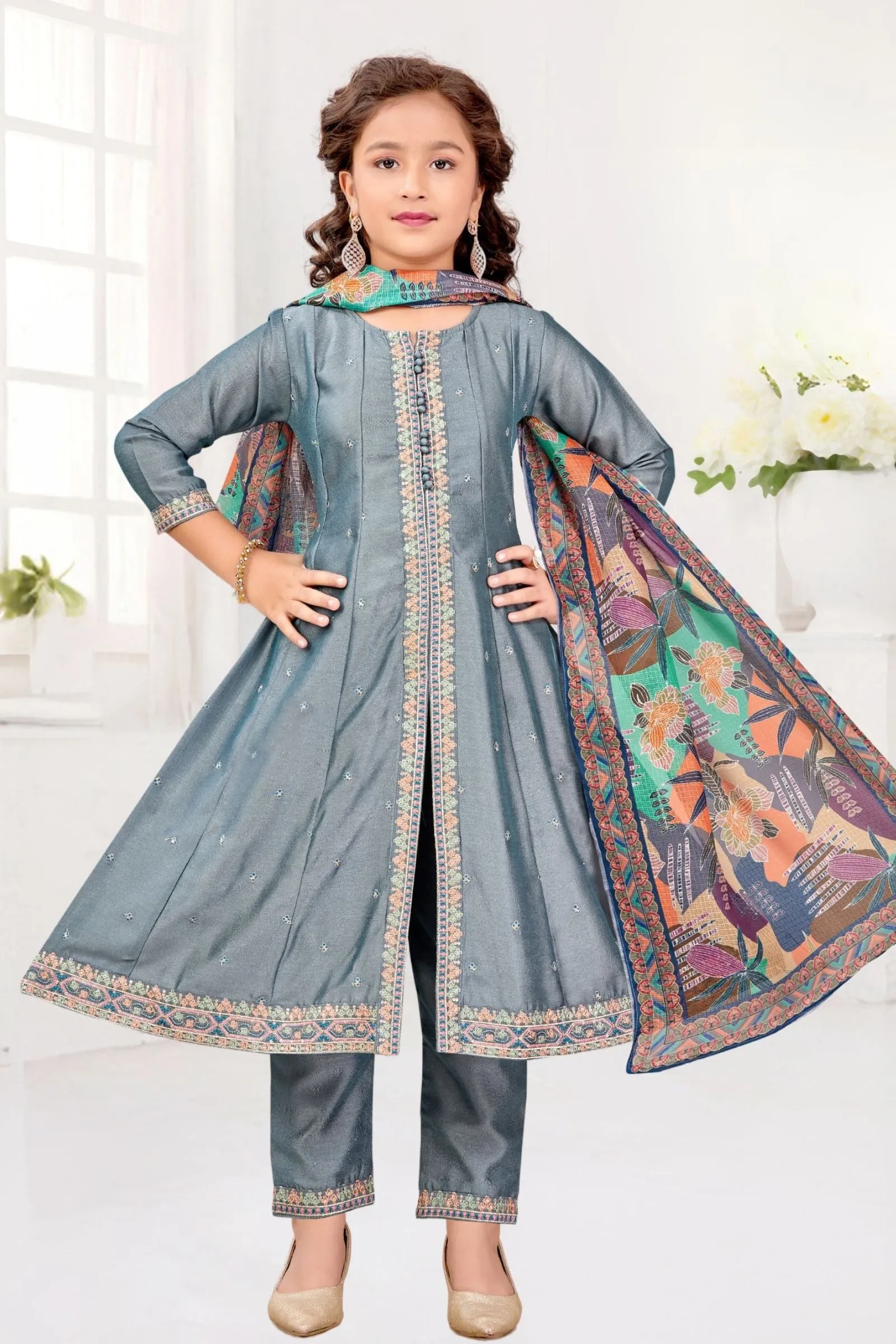 Grey Multicolor Thread and Zari work Anarkali Style Salwar Suit for Girls