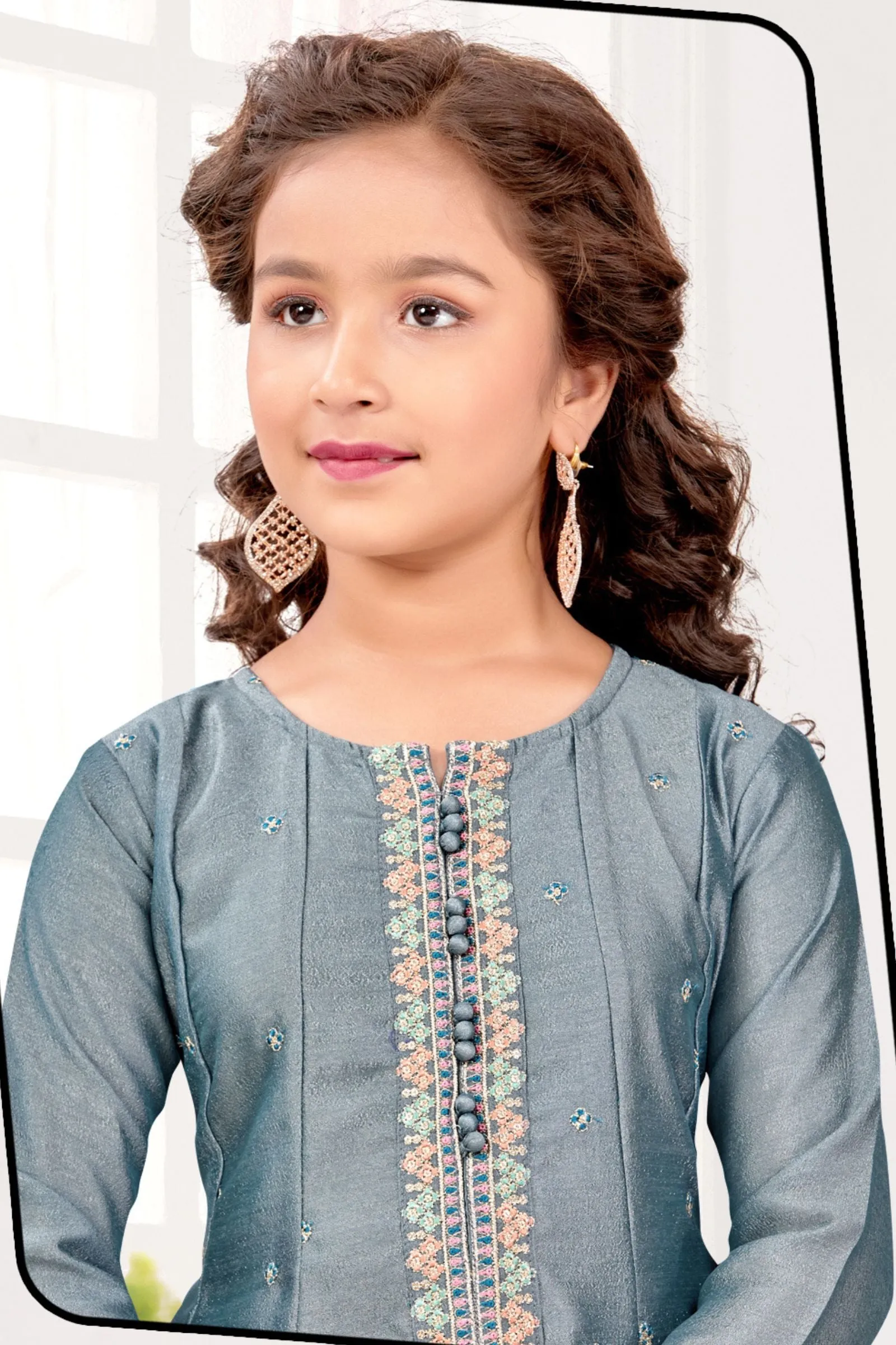 Grey Multicolor Thread and Zari work Anarkali Style Salwar Suit for Girls