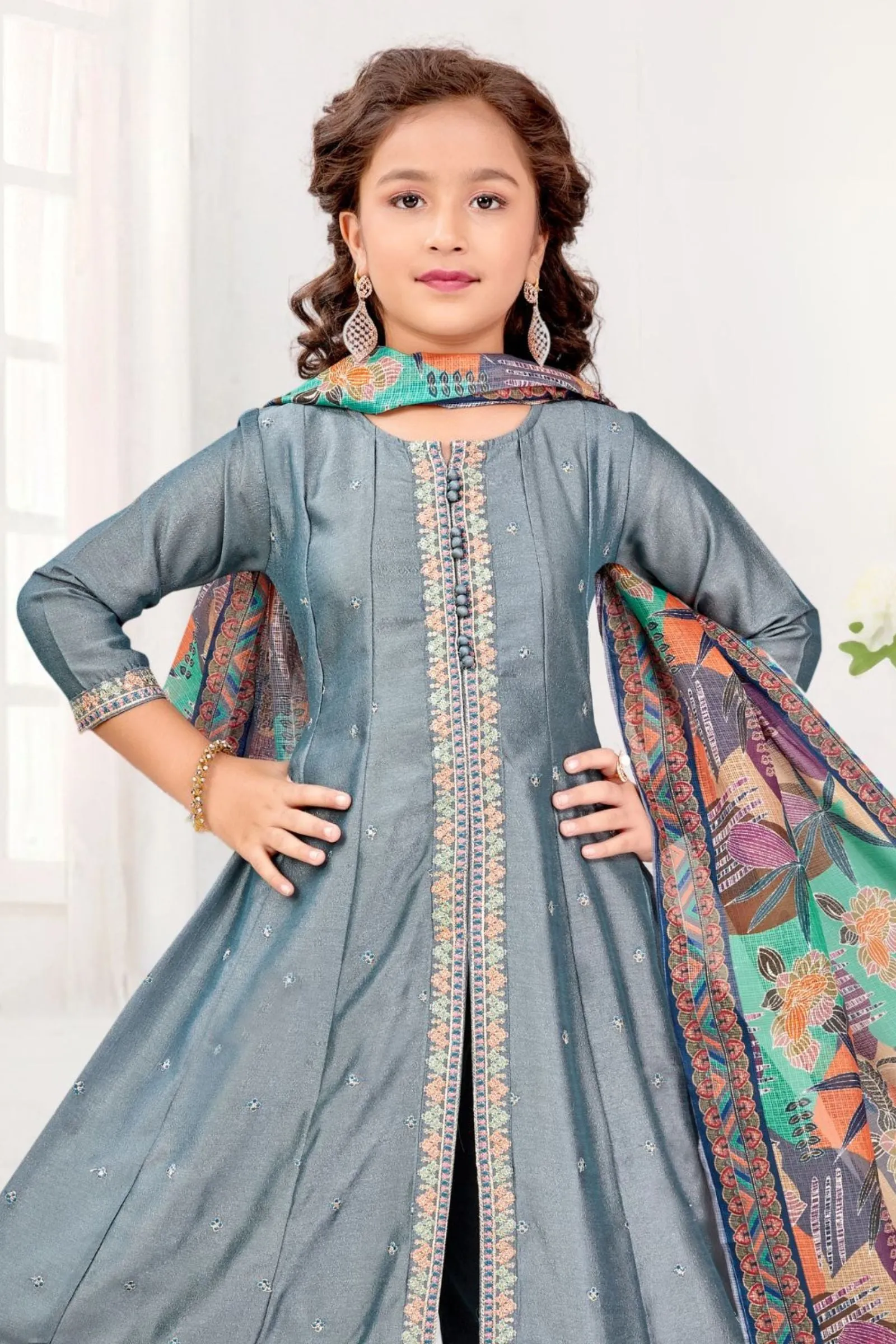 Grey Multicolor Thread and Zari work Anarkali Style Salwar Suit for Girls