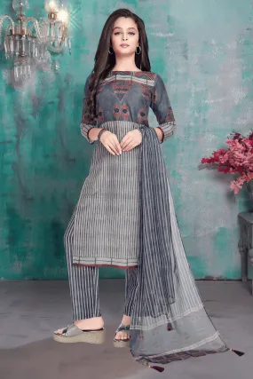 Grey with Printed Straight Cut Salwar Suit for Girls