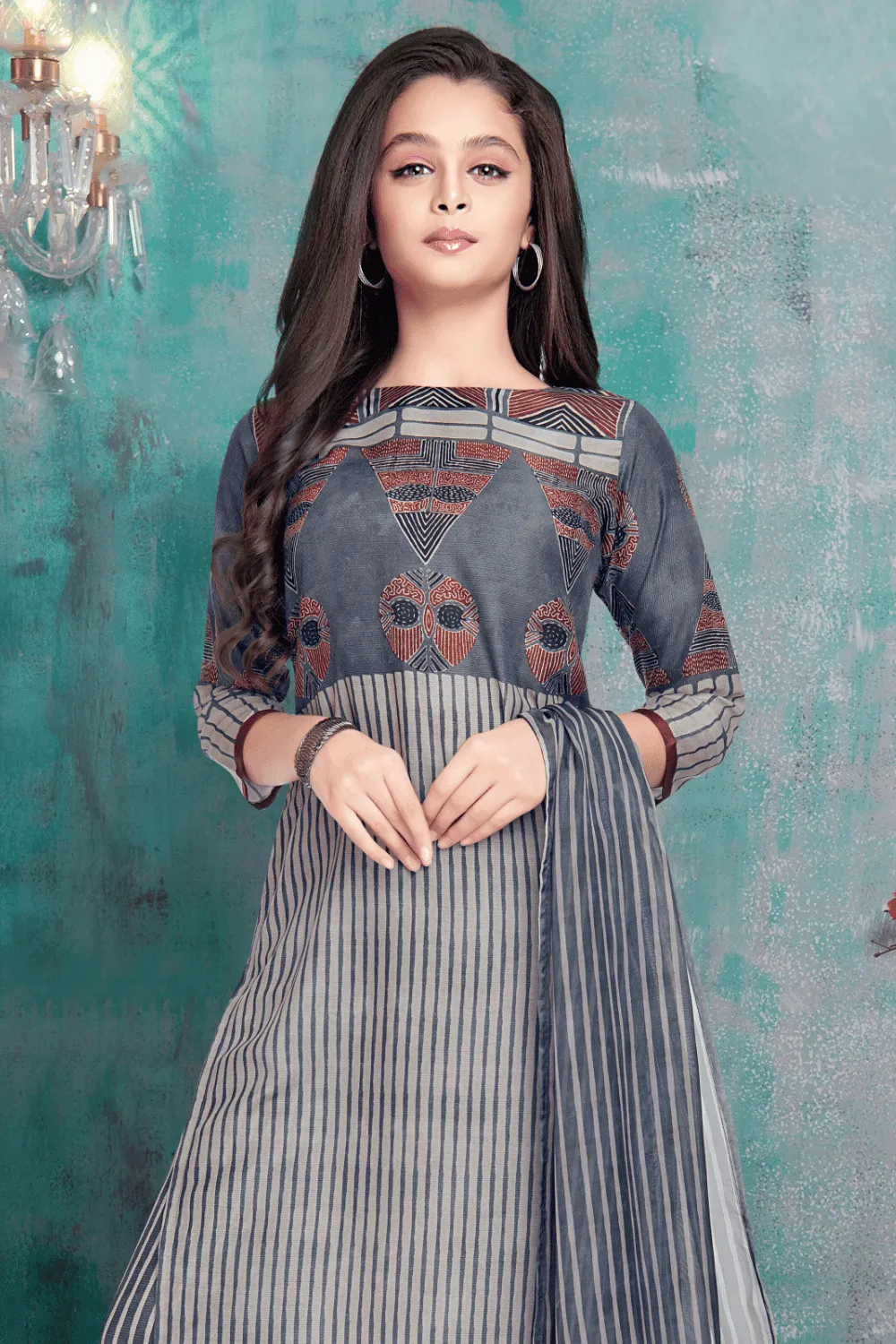 Grey with Printed Straight Cut Salwar Suit for Girls