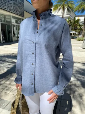 Hartford Comedy Woman Woven Shirt Blue Frill Cuffs