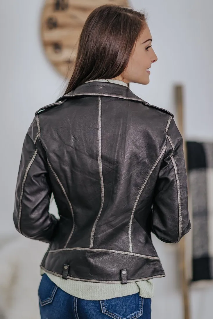 Having Some Fun Faux Leather Contrast Silver Lining Long Sleeve Jacket in Black