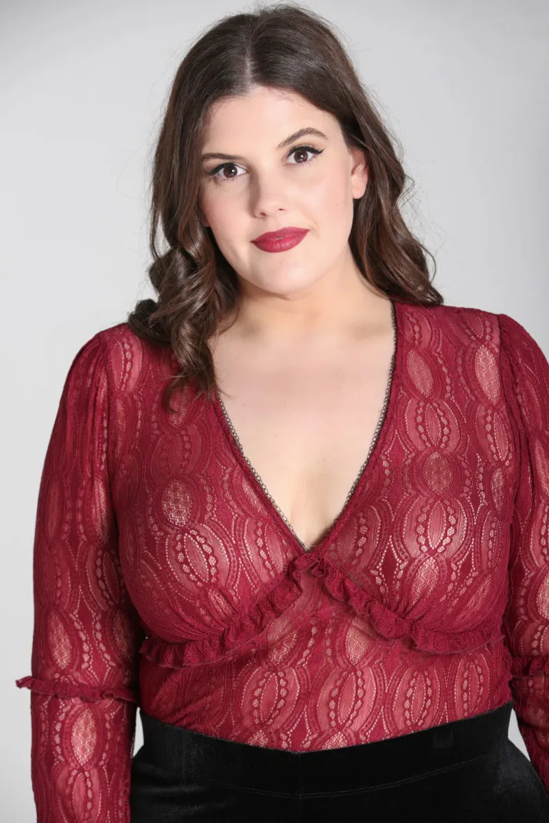 Hell Bunny Rhea Stretch Lace Burgundy Top