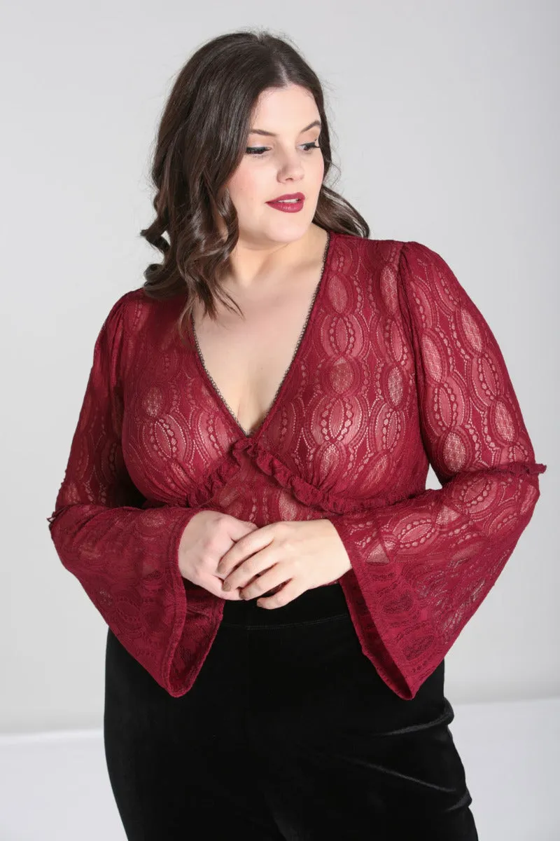 Hell Bunny Rhea Stretch Lace Burgundy Top