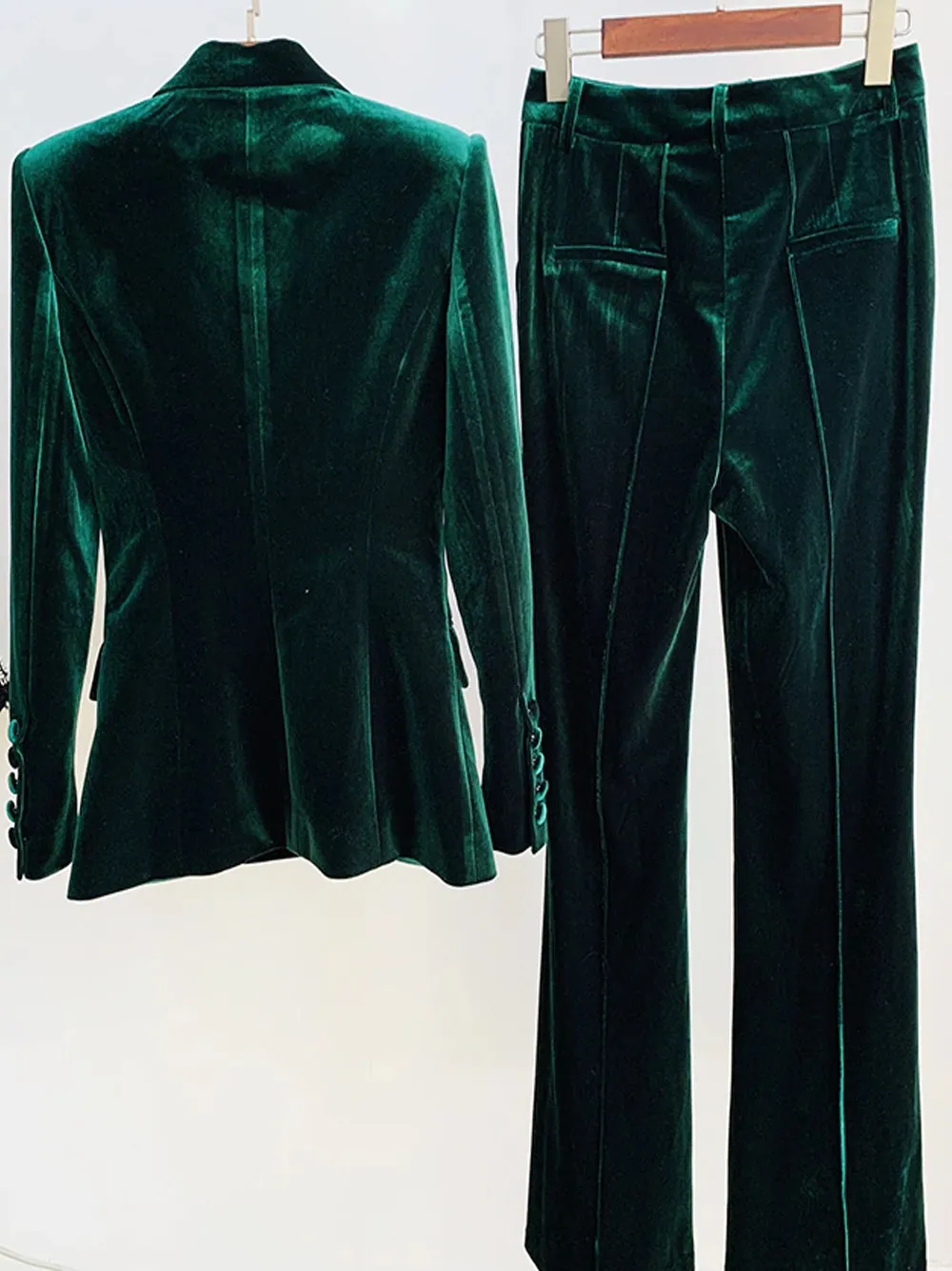 HINIYA Velvet Blazer & Flared Pants Set in Green